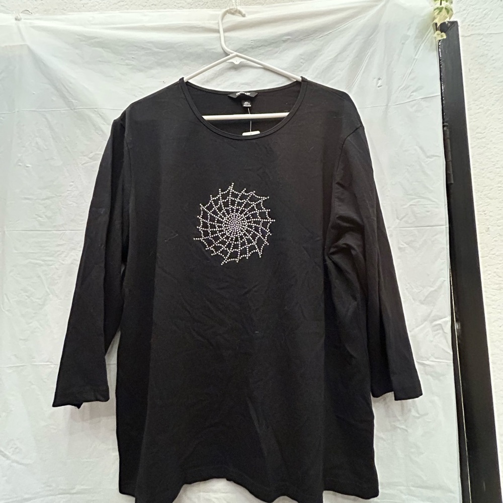 Krazy Kat Black 3/4 Sleeve Top with Silver Spider Web Design 100% Cotton Sz XXL